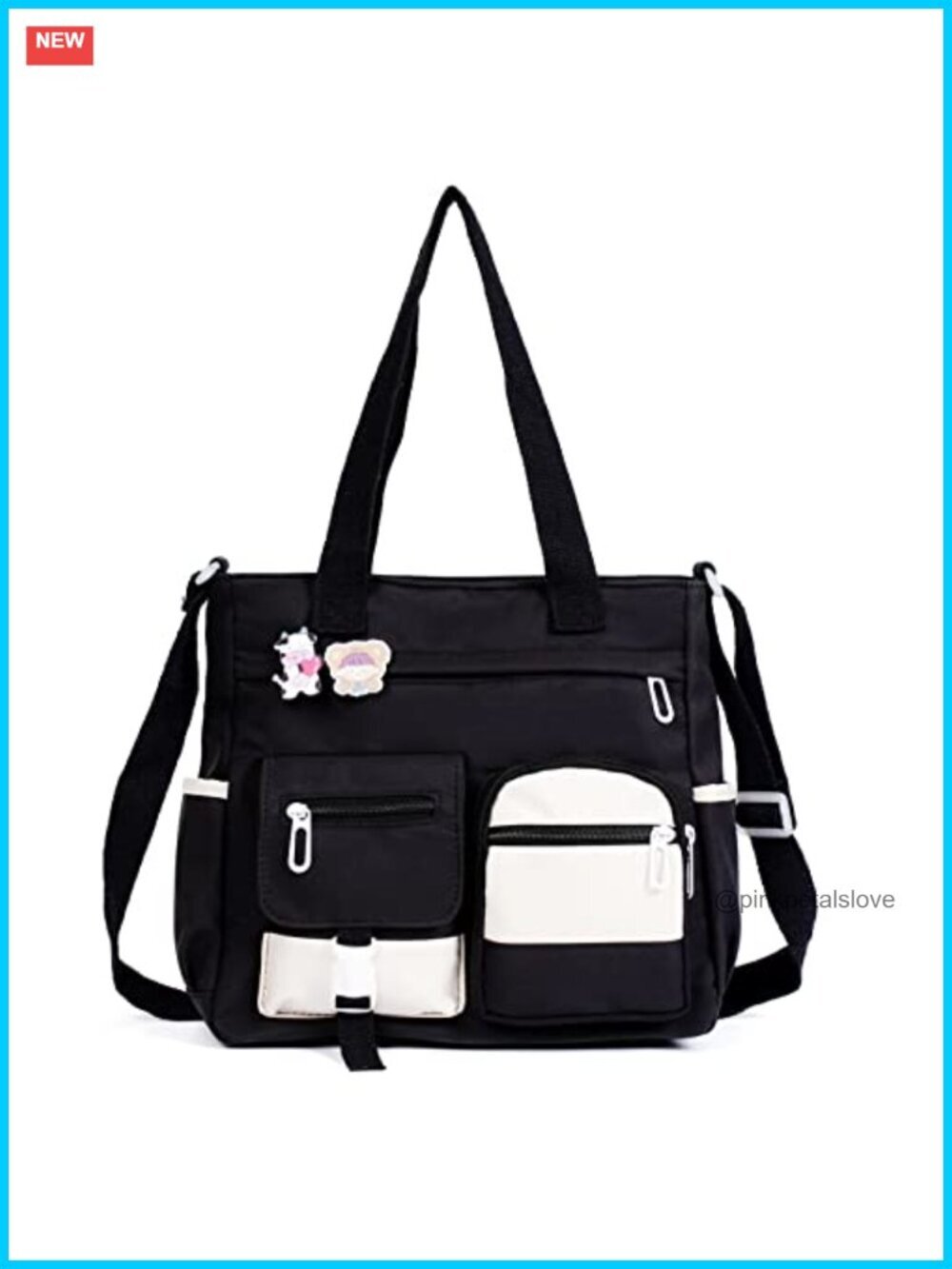 Kawaii Nylon Messenger Crossbody Water-Resistant Shoulder Tote Bag with Pins